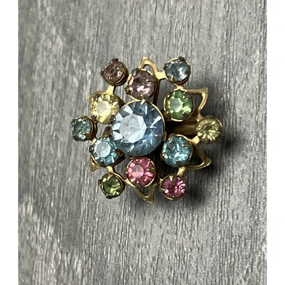 Vintage Gold Tone Rhinestone Brooch Pin Multicolor Floral Art Deco Style Cluster
